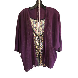 Mark. Floral Full-zip Tank Top & Sheer Cardigan Set Purple with a Ston Necklace
